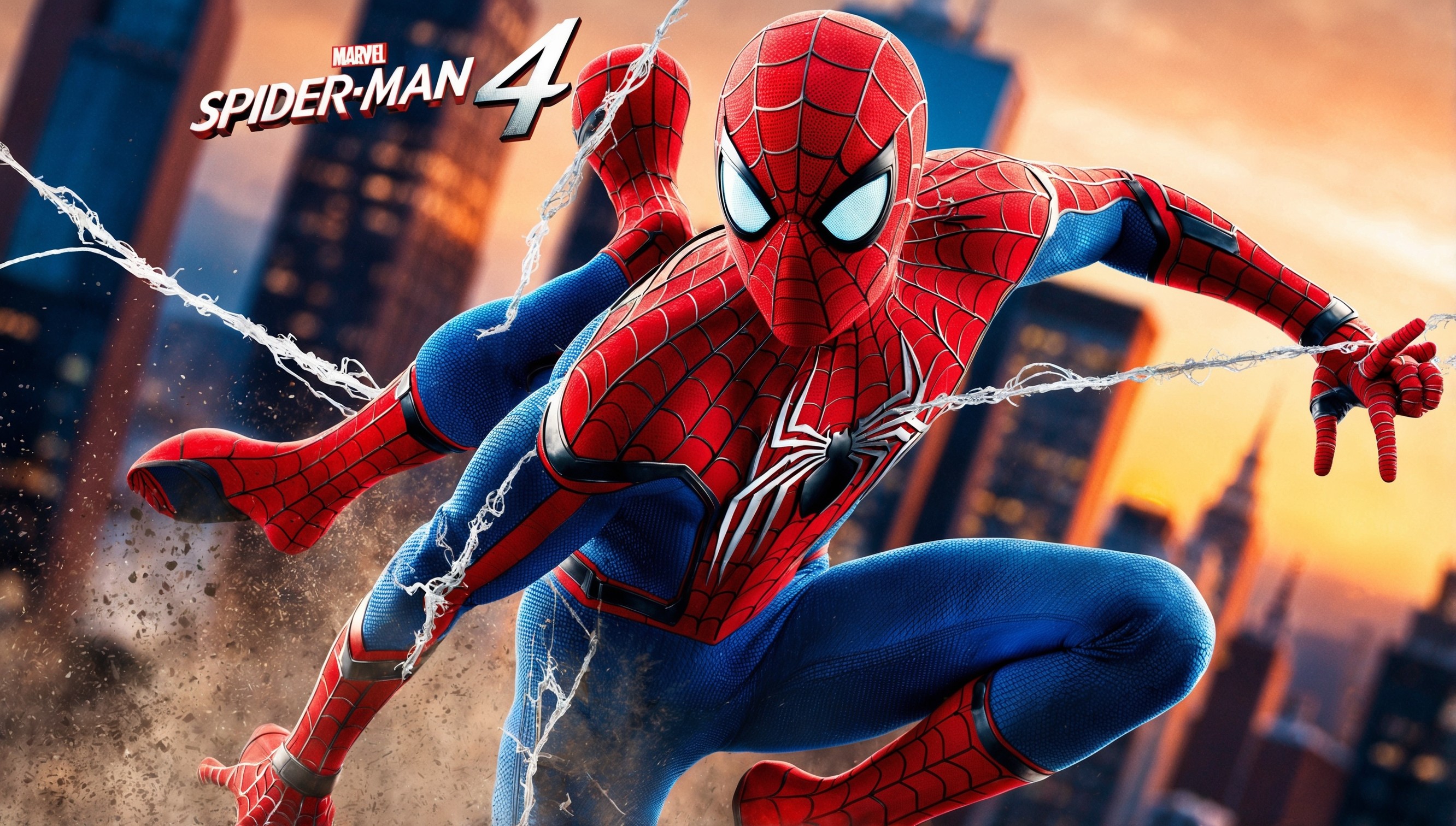 A vibrant, action-packed movie poster featuring Spider-Man in the midst of a thrilling battle, set against a cityscape at dusk with warm orange and yellow hues, contrasted by deep blues and purples, evoking a sense of excitement and drama. Spider-Man, dressed in his iconic red and blue suit, is depicted in mid-air, web-slinging towards the viewer, his mask glinting with a hint of determination. His eyes are bright, expressive, and bright blue, with a subtle smile hinting at his quick wit. The web-slinger's athletic physique is showcased as he twists and turns, his costume torn and dusty from the intense fight. In the background, skyscrapers and city lights blur, with a faint impression of the New York City skyline. The title 