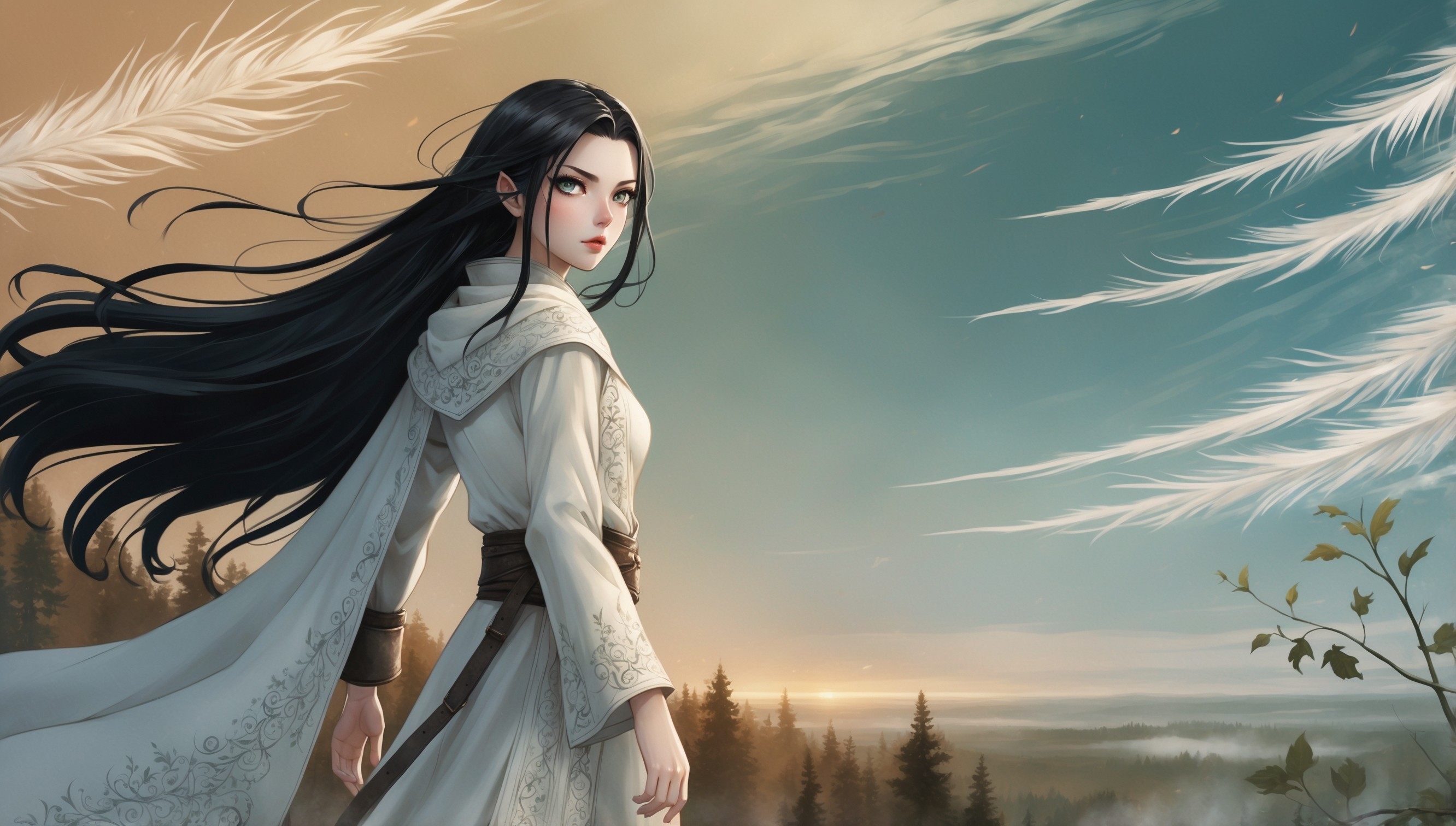 A serene and evocative anime-style illustration of Frieren, the stoic and determined mage, standing at the edge of a mystical forest, gazing into the distant horizon, her piercing emerald green eyes radiant with an otherworldly intensity. Her raven-black hair flows like silk in the gentle breeze, with subtle wisps framing her pale, porcelain-like skin. She wears a long, intricately embroidered white robe, cinched at the waist by a worn leather belt, with a subtle sheen to the fabric that suggests ancient wisdom. In the background, the sky transitions from a warm amber to a soft cerulean, with wispy clouds scattered across the canvas like feathers. A few stray leaves and vines creep into the frame, hinting at the fantastical realm that lies beyond. The overall atmosphere is one of quiet contemplation, with soft, feathery brushstrokes and delicate lines that evoke a sense of ethereal beauty.