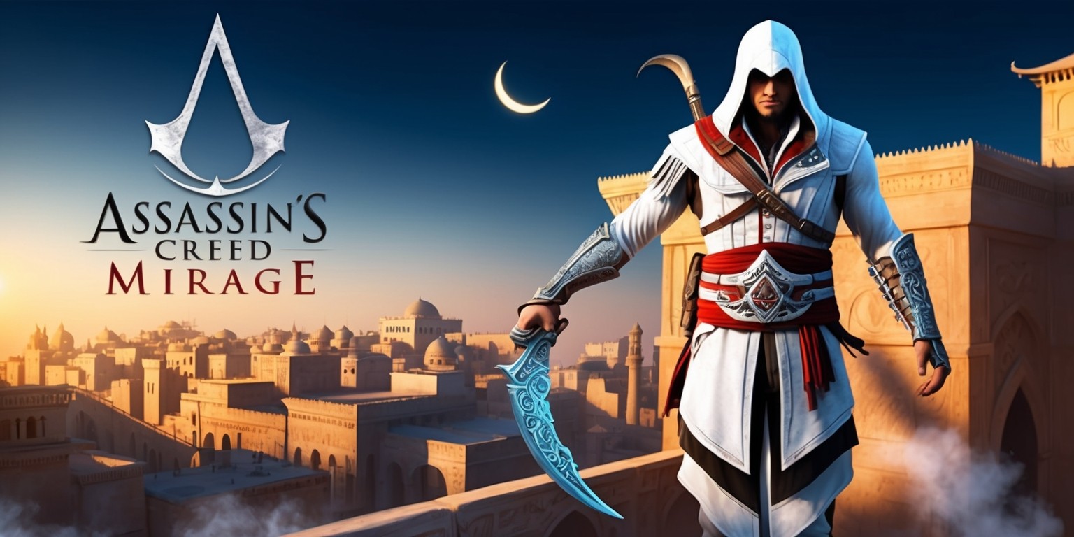 A highly detailed, vibrant illustration of a key art scene from Assassin's Creed Mirage, featuring the protagonist Basim Ibn Ishaq standing atop a majestic, intricately designed ancient Middle Eastern-inspired cityscape at dusk, with warm golden light casting long shadows across the rooftops and narrow alleys, set against a deep blue evening sky with a subtle crescent moon, the Assassin's Creed logo embossed in metallic silver at the top-left corner, with bold, cursive, Arabic-inspired font, and Basim dressed in a sleek, white and dark grey Assassin's Creed attire, with a hood over his head, his face obscured by shadows, his eyes gleaming with intensity, holding a curved blade in his hand, with intricate, ornate patterns etched into the metal, surrounded by a halo of soft, wispy mist, evoking a sense of stealth, mystery, and ancient wisdom.