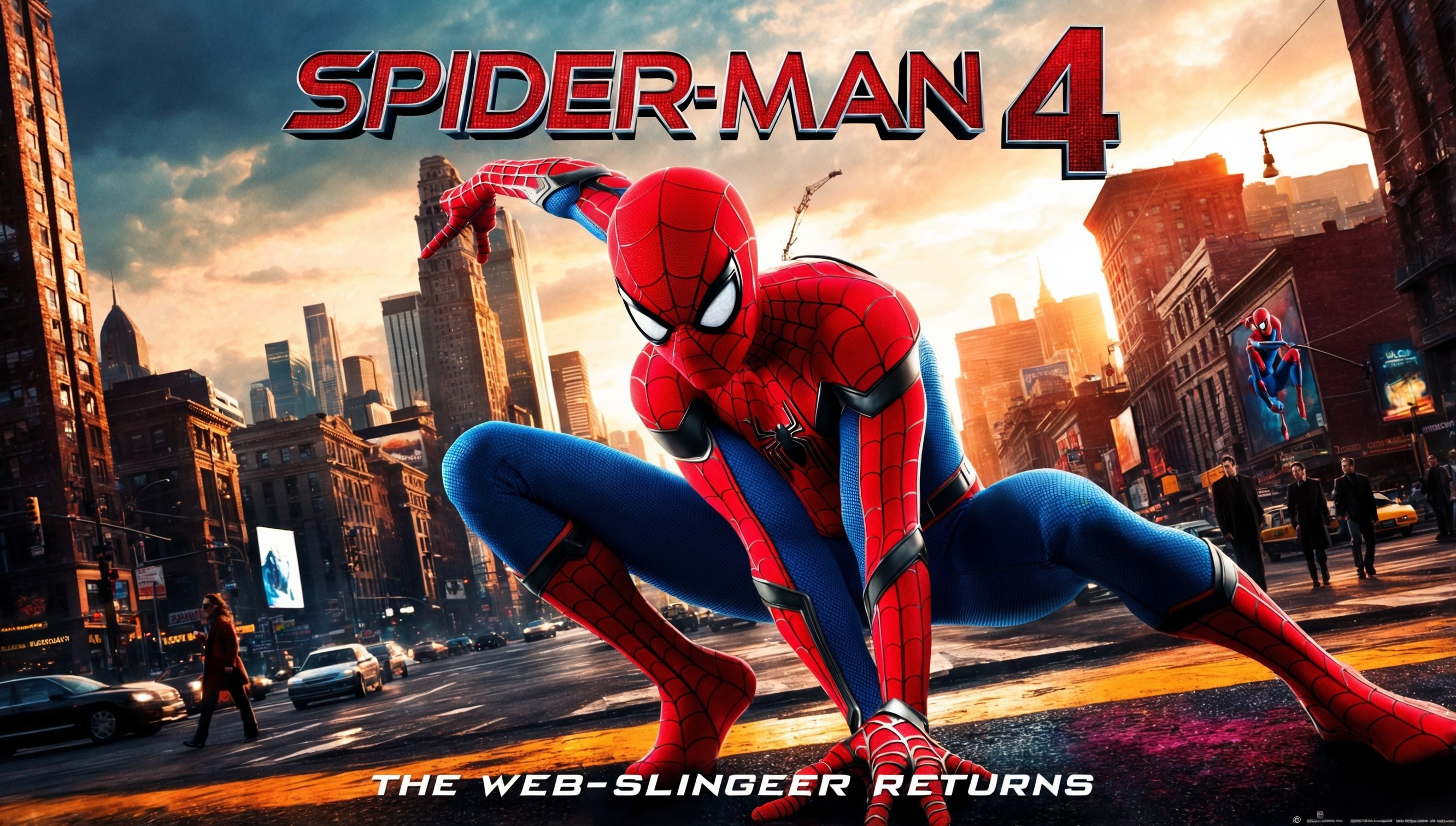 A cinematic poster for Spider-Man 4, featuring the iconic superhero in a dynamic pose, set against a vibrant, gritty cityscape at dusk, with warm, golden hues and deep shadows. Spider-Man, dressed in his sleek, red and blue costume, dominates the center of the frame, his facial features defined by determination and a hint of mischief, his eyes bright blue and piercing. The city skyline, with towering skyscrapers and bustling streets, stretches out behind him, with subtle hints of daily life, such as pedestrians, cars, and billboards. The overall style is a mix of realistic and comic book-inspired, with bold lines, textures, and vibrant colors. The title 