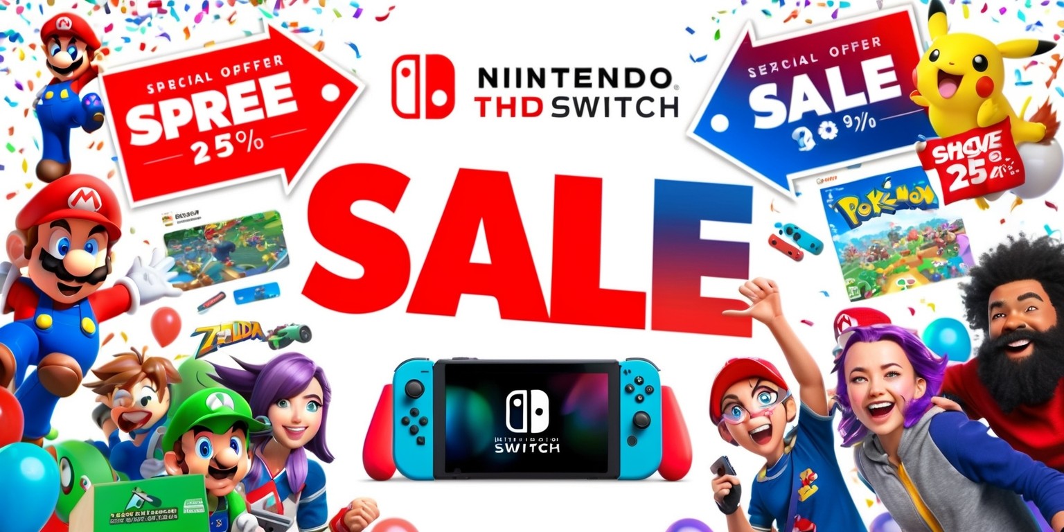 A colorful and vibrant advertisement for a Nintendo Switch sale event, set against a bright white background, with the console and popular games scattered around, such as Mario Kart, Zelda, and Pokémon, each with their respective logos and colorful artwork, alongside special offer banners and discount tags in bold, red fonts, featuring a large, eye-catching 