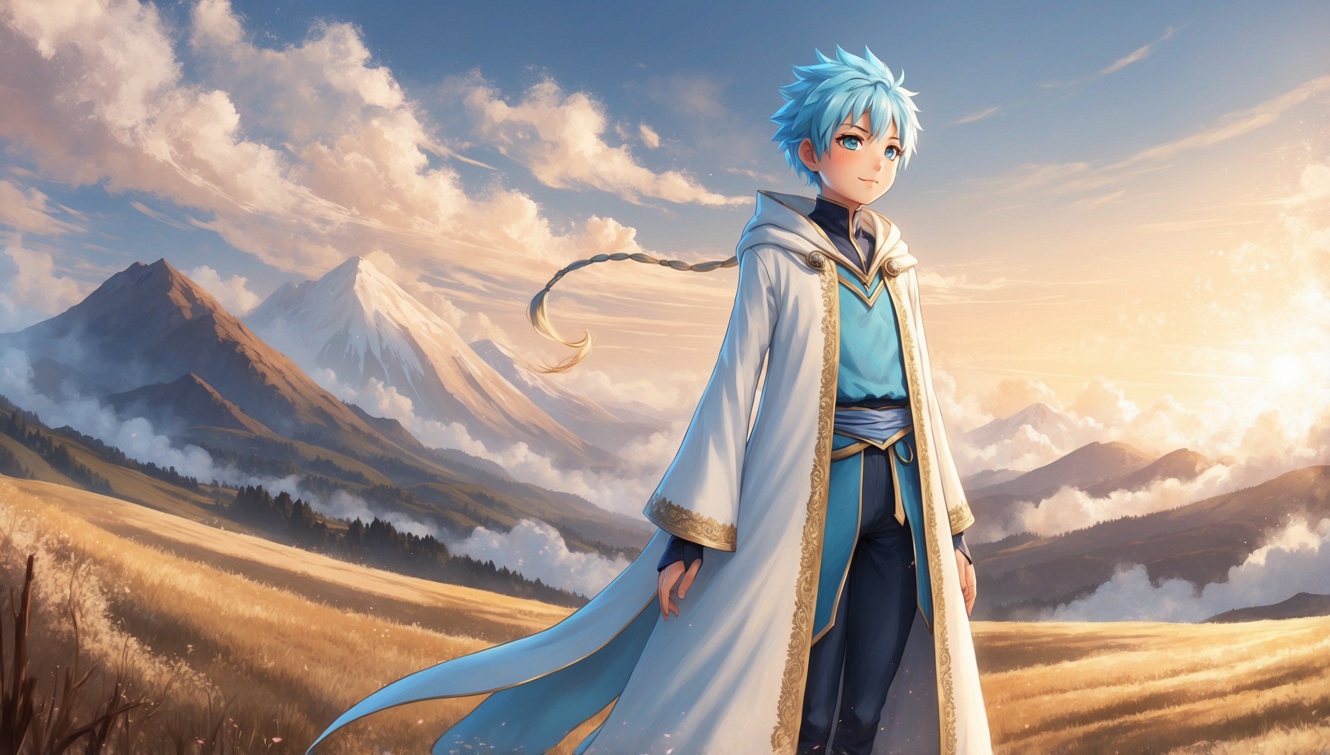 A serene and vibrant anime-inspired illustration featuring Frieren, the young, tall, and slender female mage with short, spiky, and icy blue hair, donning a long, flowing white robe with intricate golden trim, standing in a vast, breathtaking landscape with rolling hills, towering mountains, and a radiant, shimmering mist in the background, evoking a sense of adventure and contemplation, with a warm, golden lighting that highlights the wispy clouds and Frieren's gentle, introspective facial expression, her piercing blue eyes gazing into the distance, as if reflecting on the journey's end, with bold, expressive lines, vibrant colors, and subtle texture, blending traditional and digital media to evoke a sense of nostalgia and wonder.