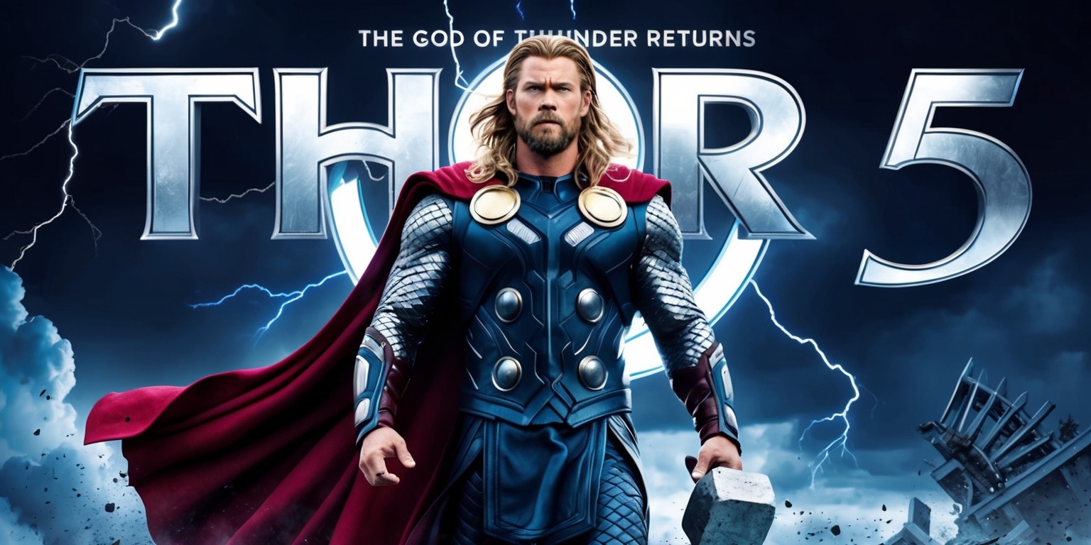 A majestic, action-packed poster for Thor 5, the fifth installment of the Marvel Cinematic Universe's Thor franchise, set against a dark, stormy Asgardian sky with lightning bolts illuminating the clouds, featuring Chris Hemsworth as Thor, the god of thunder, standing proudly in the center, wearing his iconic armor, wielding the mighty hammer Mjolnir, with his flowing blond hair and piercing blue eyes, surrounded by a halo of golden light, with a fierce determination on his chiseled, strong-jawed face, amidst a backdrop of swirling clouds and destroyed Asgardian architecture, with the title Thor 5 emblazoned in bold, metallic silver lettering with a Nordic-inspired font, across the top of the poster in a curved line, with the tagline The God of Thunder Returns written in smaller text at the bottom, in a modern, edgy style, with vibrant colors and dramatic shading, capturing the essence of the Marvel superhero.