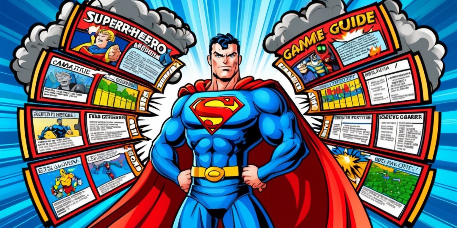 A vibrantly colored, dynamic illustration of a comprehensive superhero game guide, set against a bold, gradient blue background, evoking a sense of excitement and adventure. In the center, a confident superhero stands proudly, with a determined expression, strong facial features, and a athletic build, clad in a iconic blue and red costume, complete with a golden emblem on their chest. Surrounding the hero, swirling clouds of smoke and bursts of light emanate from a series of comic book-style panels, each depicting a different aspect of the game, such as characters, levels, and power-ups. The panels are framed by stylized, curved lines, with bold, white text and vibrant, contrasting colors. At the top of the image, the title Superhero Game Guide is emblazoned in bold, 3D letters, with a metallic sheen, while the bottom of the image features a series of colorful, stylized tabs, each labeled with a different category of game information.