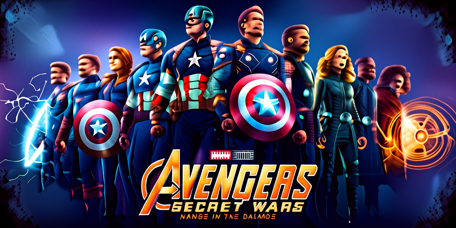 A cinematic poster for the Avengers: Secret Wars movie, set against a dark, ominous background with hues of deep blues and purples, featuring a gathering of iconic Marvel superheroes standing back-to-back, ready for battle, with Iron Man's suit glowing with a faint blue light, Captain America's shield gleaming with a subtle sheen, Thor's hammer Mjolnir crackling with electricity, Black Widow's tactical gear and high-tech suit illuminated by neon lights, and Doctor Strange's mystical artifacts and magical energies swirling around him, with the Avengers' logo emblazoned prominently in bold, metallic silver at the top, and the tagline The Fate of the Multiverse Hangs in the Balance written in a stylized, futuristic font across the bottom in fiery oranges and yellows, with subtle texture and worn edges to give the poster a gritty, worn feel.