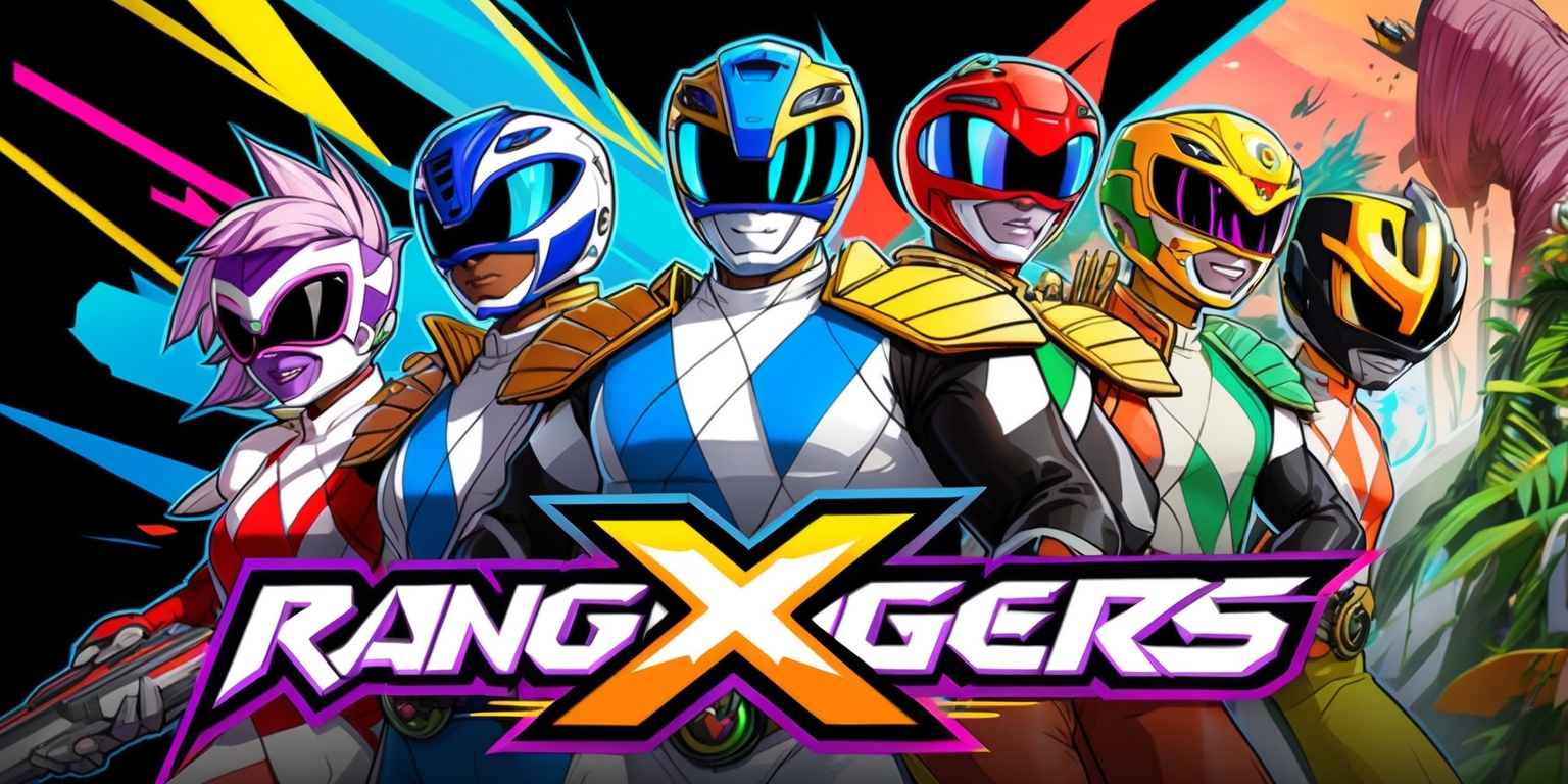 A vibrant anime-style illustration of a team of heroic Rangers from the X game, set against a dynamic background with bold lines and eclectic colors, featuring a mix of futuristic and natural elements, with the Rangers prominently displayed in the foreground, each with distinct facial features, skin tones, and unique attributes, such as diverse hairstyles, expressive eyes, and intricate costumes, with a focus on capturing the essence of the game's exciting action sequences and adventurous spirit, incorporating stylized text or logos from the game in a modern, edgy font with bright colors and dramatic lighting effects.