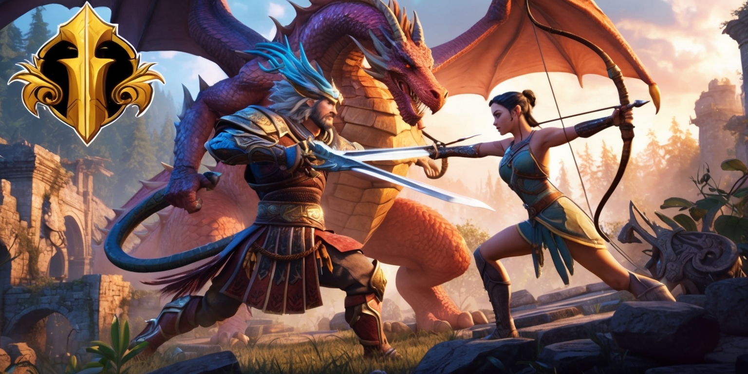 A vibrant fantasy game scene depicting mythic combat, with a colossal dragon-breathed warrior clashing swords with a lithe, agile archer, set amidst a mystical realm of ancient forests and crumbling ruins, with intricate details on character armor, weapon designs, and mythical creatures, in a stunning digital art style with a mix of warm and cool colors, and dramatic lighting, the warrior has a strong facial structure, determined expression, and a rugged skin tone, while the archer has an athletic build, sharp facial features, and an agile pose, with the game's logo, a stylized golden emblem with bold, cursive text, prominently displayed in the top left corner of the scene.