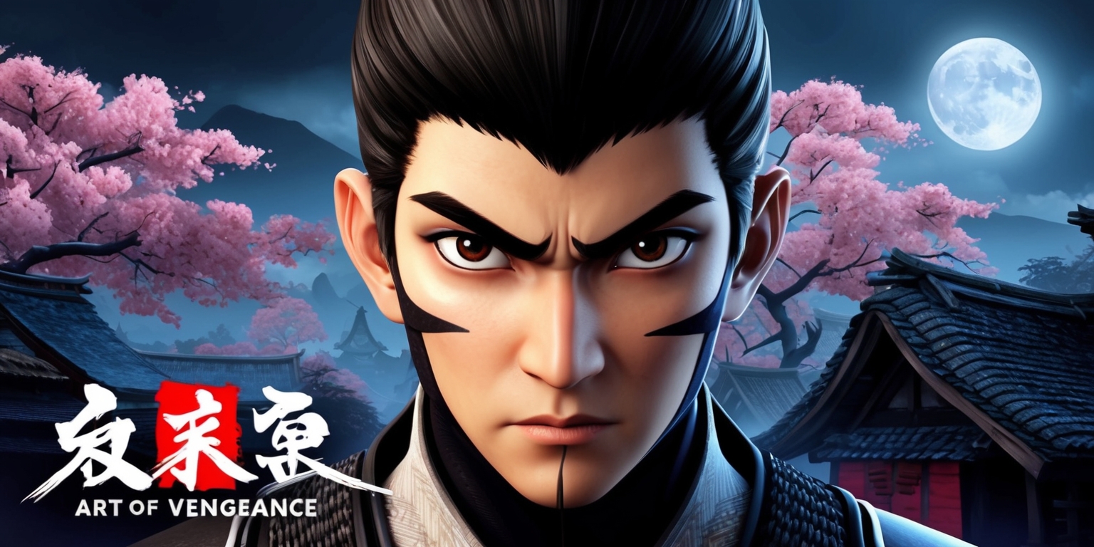 A dramatic scene from the Shinobi: Art of Vengeance game, featuring a stealthy shinobi warrior with piercing brown eyes, sleek black hair, and tanned skin, wearing a traditional black and grey ninja suit, set against a vibrant, misty Japanese village backdrop with cherry blossom trees, thatched roofs, and a full moon hanging low in the sky, with a focus on the shinobi's determined facial expression, and a hint of a sword at their side, all rendered in a stylized, cinematic art style with bold lines, and muted colors, with the game's logo, a stylized kanji character, subtly integrated into the scene.