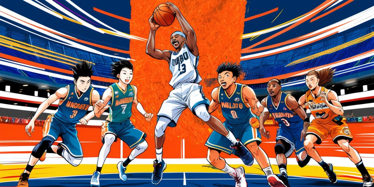 A vibrant manga-inspired depiction of a basketball game with dynamic player movements and exaggerated expressions, set against a bright and colorful stadium backdrop with bold lines and vibrant textures, the basketball players have distinctive facial features and athletic builds, with varied skin tones and unique hairstyles, the ball is in mid-air, frozen in a dramatic pose, surrounded by speed lines and motion blur, conveying a sense of intense energy and competition, the overall style blends traditional manga elements with modern sports themes, with bold typography and graphic elements accentuating the scene, the color palette is a mix of deep blues and fiery oranges, with accents of bright yellow and green, capturing the excitement and tension of the game.