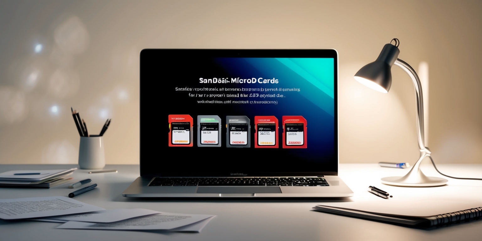 A modern, minimalist desk setup with a silver laptop opened to a bright, vibrant screen displaying a technical article about SanDisk MicroSD Cards on a sleek, black background, surrounded by a few neatly arranged MicroSD cards of varying storage capacities in their colorful, rectangular packaging, with a subtle gradient effect to highlight the product names and storage sizes in a clean, sans-serif font, amidst a scattering of scattered papers, a few pens, and a small, silver desk lamp casting a warm, soft glow, set against a blurred, creamy white background that evokes a sense of professionalism and technology, with the overall mood exuding innovation, precision, and speed.