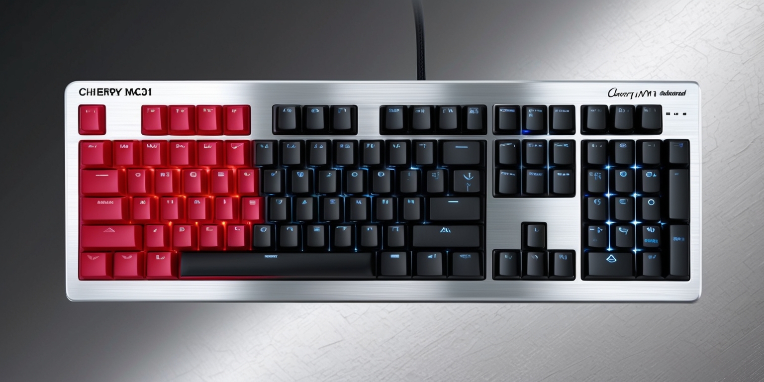 A photorealistic illustration of a Cherry MX 3.1 keyboard, with a sleek and modern design, featuring a compact tenkeyless layout, and a brushed aluminum frame with a subtle silver finish, showcasing the iconic Cherry MX switches in a vibrant red and black color scheme, with neatly arranged keycaps in a clean sans-serif font, and a shallow keyboard tray with a soft, diffused lighting effect, set against a subtle gradient background that shifts from dark grey to light grey, with a slight texture resembling a minimalist workspace, capturing the essence of a high-quality gaming and typing experience.